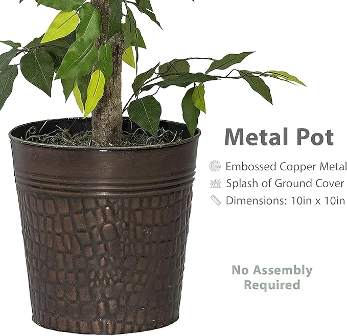 Artificial Ficus Trees in Copper Metal Pots, Set of 2 - Real Wood Trunk, Preassembled, No Maintenance Indoor Faux Plant - Living Room & Home Decor (4ft & 6ft)