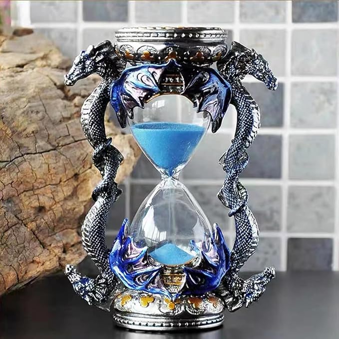 Retro Metal Dragon Hourglass Timer 15 Minutes, Gothic Decorative Statues, Unique Vintage Classic Hourglass, Home Decoration Pieces, Gift Art Collection. Blue (Dragon) Single Six inches