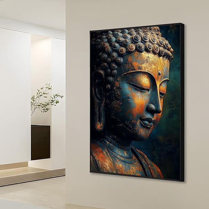 Buddha Statue Canvas Art, Zen Meditation Décor, Framed Print for Bedroom, Yoga Room, and Living Room (Black Framed, 20"x30"|51x76cm)