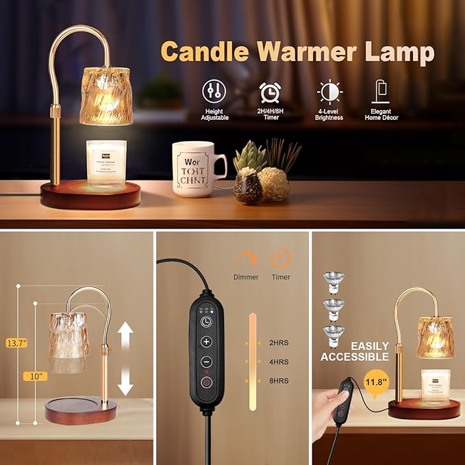 Candle Warmer Lamp with Timer & Dimmer, Candle Warmer Height Adjustable, Fits All Jar Scented Candles, Candle Lamp with 3 Bulbs for Home Decor