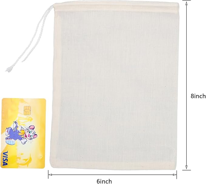 10Pcs Reusable Tea Filter Bag, Soup, Bone Broth Brew, Spice, Muslin Strainer, Natural Unbleached Cotton Cheesecloth Bags for Cold Brew Coffee (6x8inch)