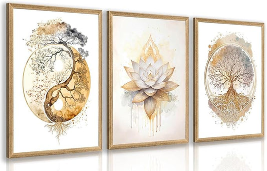 GELDSTEI Tree of Life Wall Art, Calming Zen Wall Decor, Abstract Yin Yang Tree Canvas Painting, Modern Gold Lotus Flower Meditation Poster Print for Living Room Yoga Room Bedroom Wood Framed 12"x16"x3