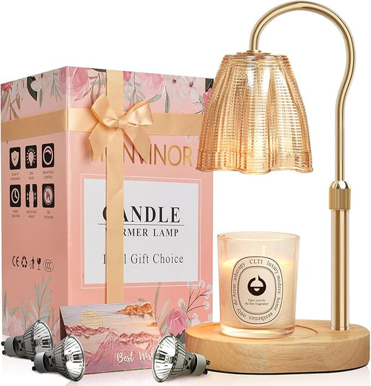 Candle Warmer Lamp with Timer & Dimmer, Candle Warmer Height Adjustable, Fits All Jar Scented Candles, Candle Lamp with 3 Bulbs, Charming Gift Box with Ribbon for Gifting