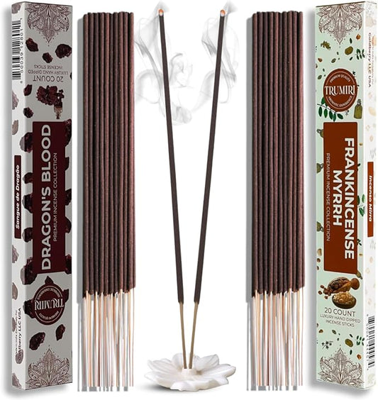 Trumiri Incense Sticks - Combo Pack of 40 Insence-Sticks - 20 Dragons Blood + 20 Frankincense Myrrh - Insenses - Insents - Incents - Inscense - Incence - Incienso - All Natural Incense Sticks
