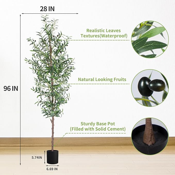 Artificial Olive Tree, 8FT Tall Faux Olive Trees 96in Outdoor Fake Potted Silk Plant with Trunk and Realistic 1574 Leaves and 48 Fruits for Modern Office Home Decor Indoor（1pack）
