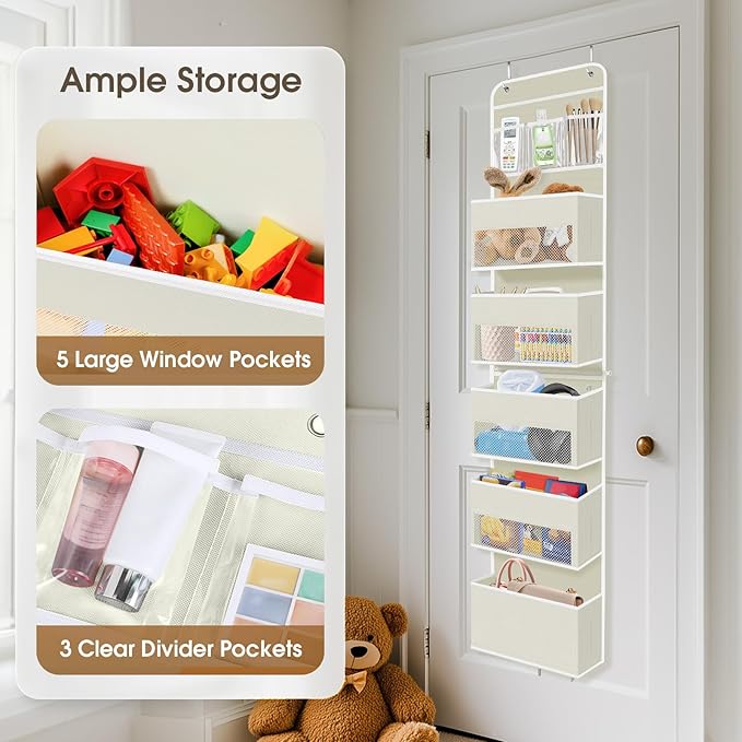 6-Tier Over The Door Organizer, Hanging Storage Organizer with Clear Window, 40lb Ultra Sturdy Large Capacity Room Organizer for Pantry Bathroom Nursery Closet Baby Essential (Beige)