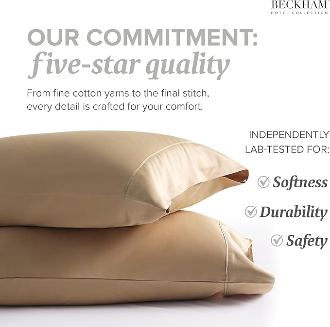 Beckham Hotel Collection Bed Pillowcases King Size Set of 2, 500TC 100% Cotton, Luxury Sateen Bedding, Open End, Breathable, Moisture-Wicking, Sand