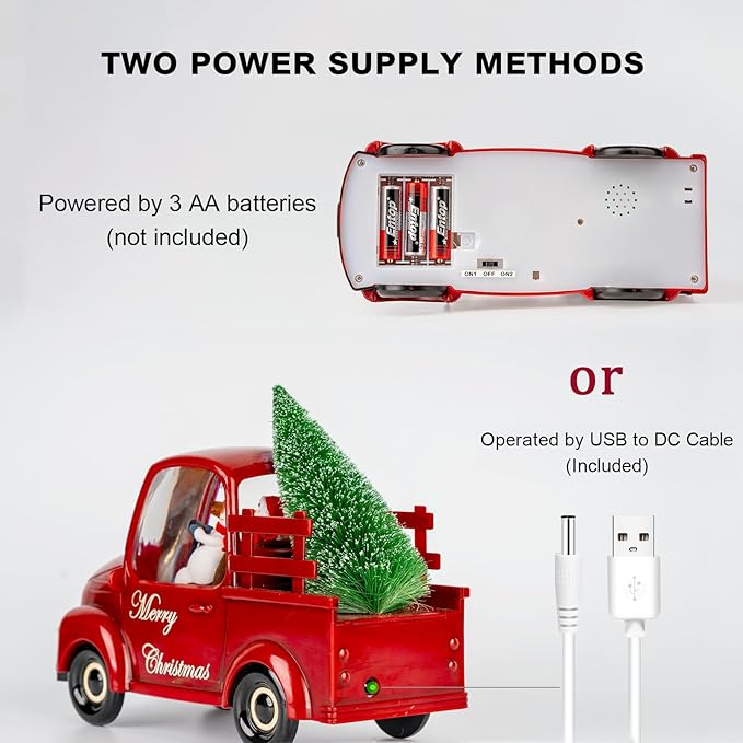 Xindian Musical Red Truck Snow Globe with Swirling Glitter, Snowman & Dog, Carrying Christmas Tree, Spinning Water Lantern for Christmas Decor