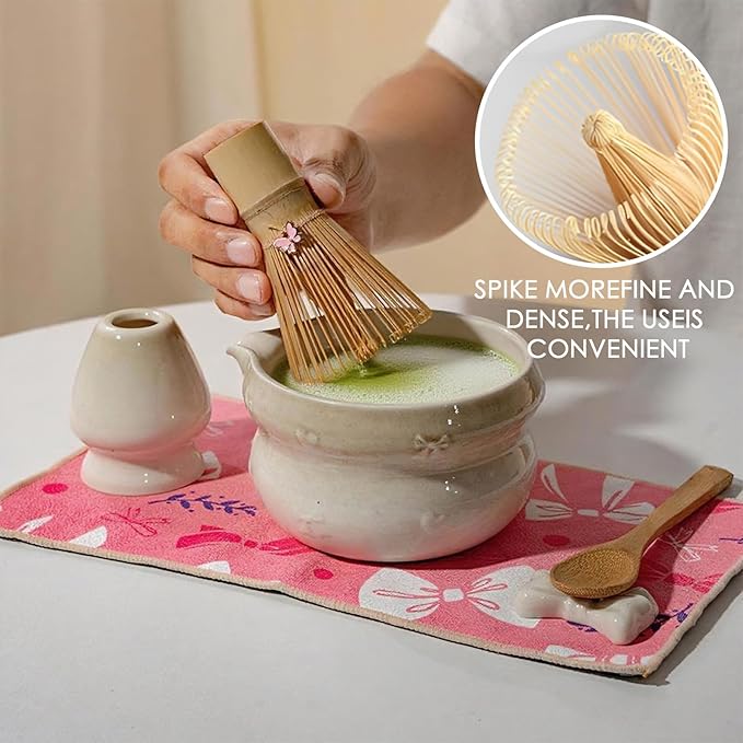 Matcha Whisk Set, 8 PCS Ceramic Set Includes 15-OZ Matcha Bowl with Spout, Bamboo Tea Whisk and Stand, Scoop and Spoon. Matcha Kit for Matcha Lovers and Beginners (white)