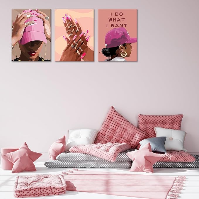 Black Girl Canvas Wall Art pink trend American Black Woman Posters Prints Wall Decor Pictures for Home Living Room Bedroom study Decoration,Framed16 x 24inches X3piece