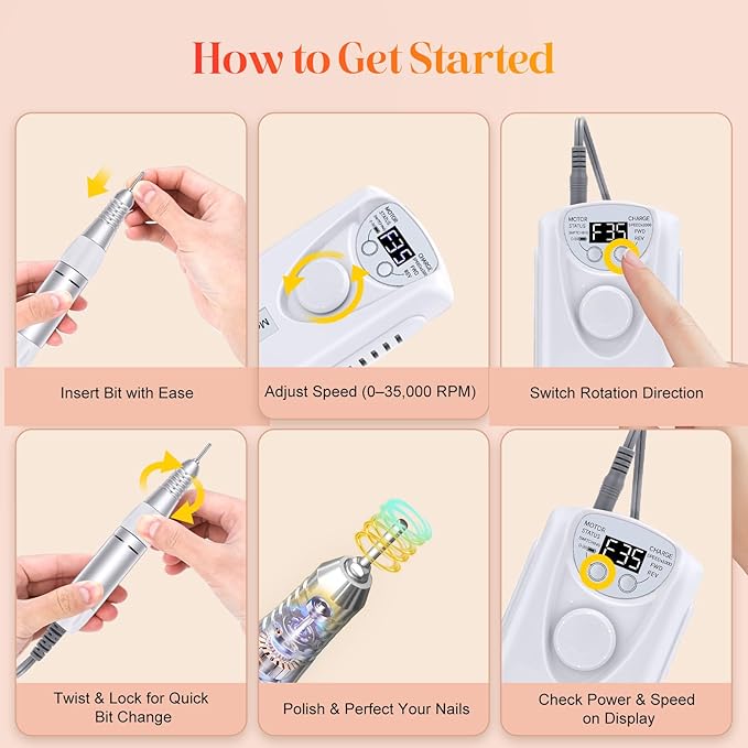Professional Nail Drill Electric File:COYZU 35000RPM Portable Cordless Nail Drill Machine with Bits, Rechargeable E File for Acrylic & Gel Nails, Manicure & Pedicure Tech Tool for Home Salon, White