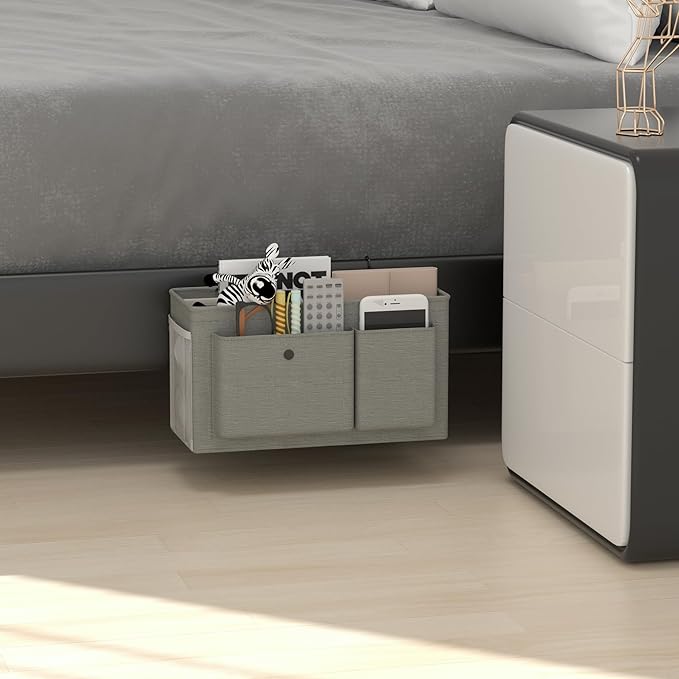 Bedside Caddy Bedside Organizer with Fixed Straps & Water Bottle Holder, Bunk Bed Caddy ideal for Home, Dorm, Hospital, Crib, Versatile Bedside Storage Solution (Grey 2pcs)