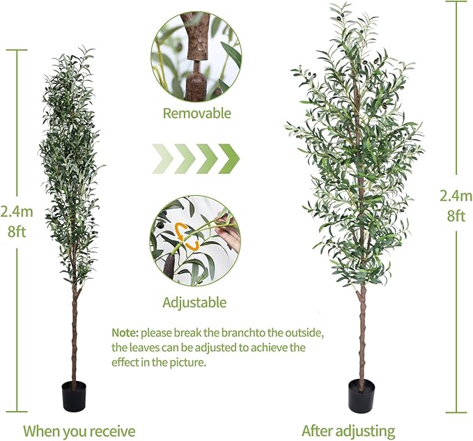 Artificial Olive Tree, 8FT Tall Faux Olive Trees 96in Outdoor Fake Potted Silk Plant with Trunk and Realistic 1574 Leaves and 48 Fruits for Modern Office Home Decor Indoor（1pack）