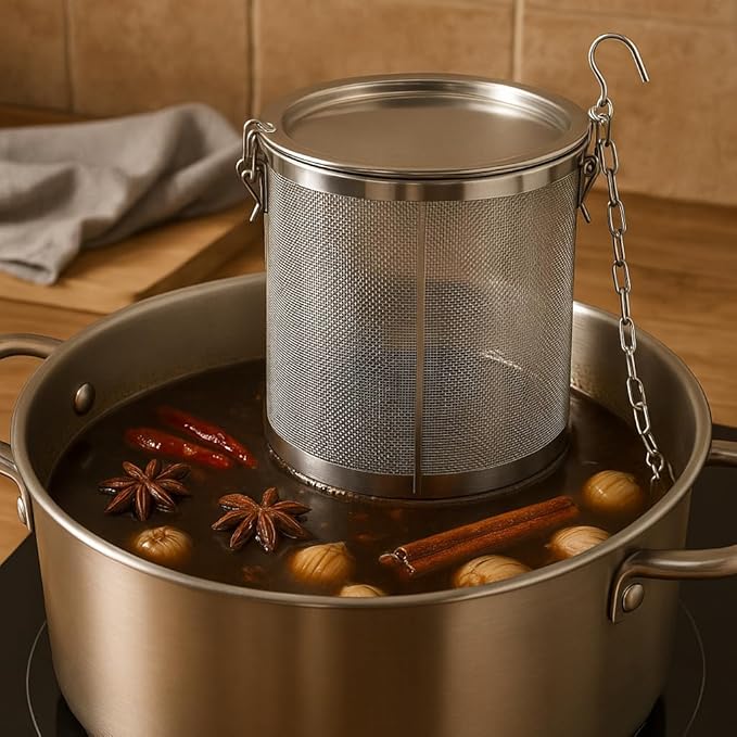 7 Inch Large Capacity Stainless Steel Seasoning Strainer and Spice Filter, Tea Mesh Infuser Strainer with Extended Chain, Reusable Herb Basket for Soup, Stew, Hot Pot, Broth