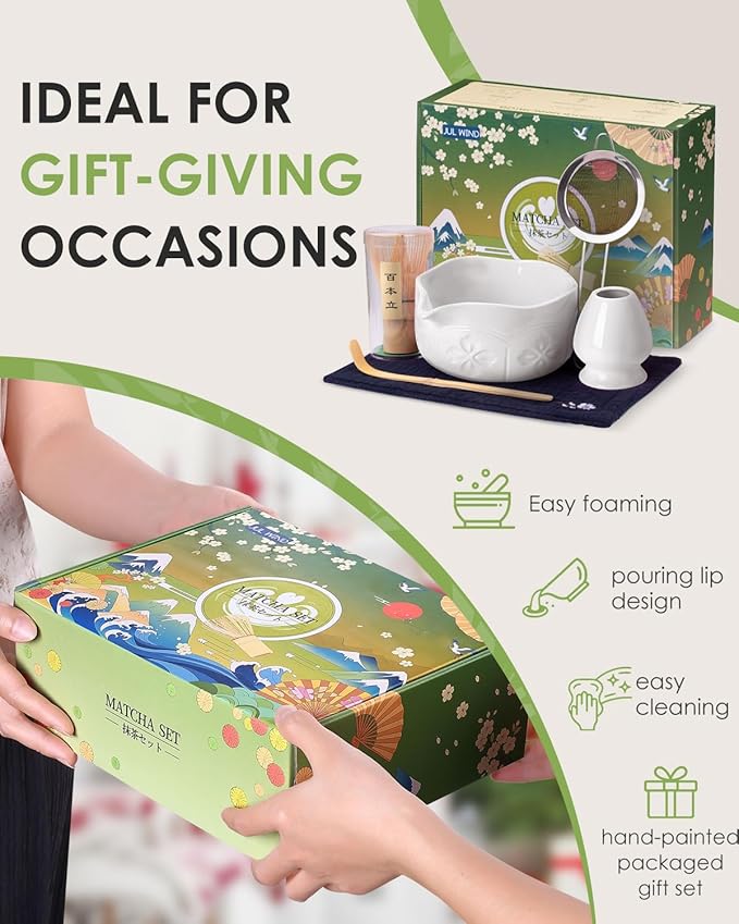 Matcha Whisk Set, Ceramic Matcha Set Includes Matcha Bowl with Spout, Matcha Whisk and Holder, Bamboo Scoop, Sifter and Tea Towel - 6 Pcs Matcha Kit Gift for Matcha Lovers Beginners (White)