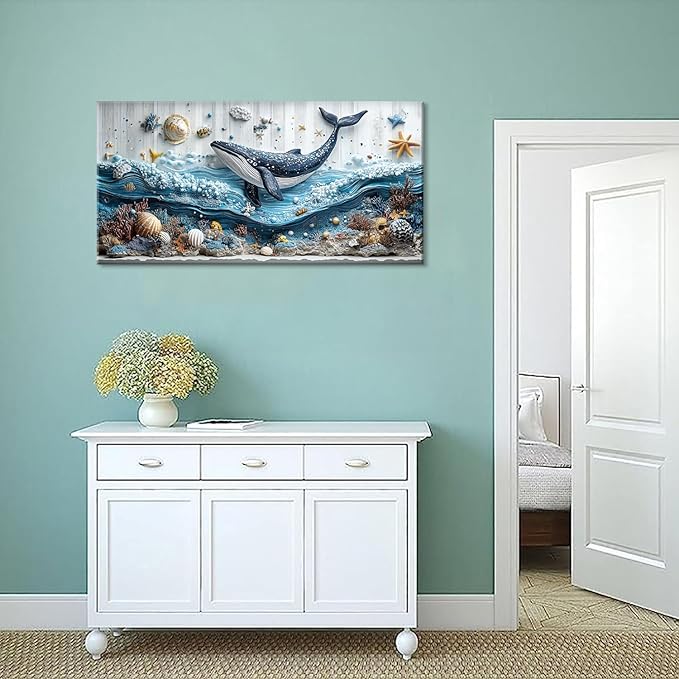 ZESTRILIA Ocean Whale Wall Art for Kids Room Navy Blue Marine Organism Underwater World under the Sea Canvas Painting Prints Artwork Family Living Bedroom Decor Large (46x23 Inches)