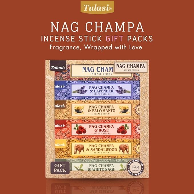 Tulasi Nag Champa Incense Sticks Gift Pack of 6, Hand Rolled Fragrance Incense Sticks for Aromatherapy, Relaxing, Yoga, Meditation, Prayer, Agarbatti Stick with Natural Oils, Thanks Giving (15gm x 6)