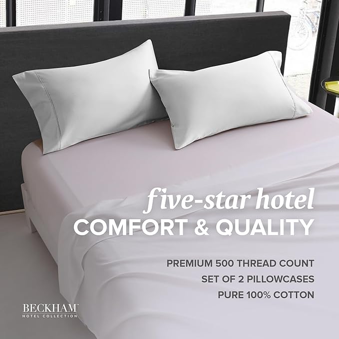 Beckham Hotel Collection Bed Pillowcases King Size Set of 2, 500TC 100% Cotton, Luxury Sateen Bedding, Open End, Breathable, Moisture-Wicking, White