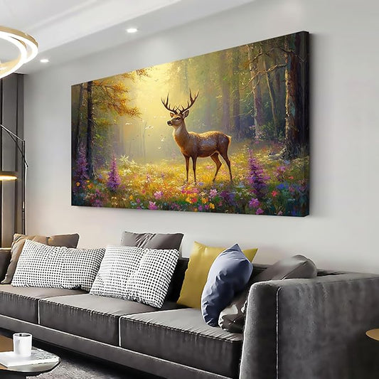 ZESTRILIA Pretty Deer Forest Wall Art for Living Room Office Gold Mustard Yellow Wildlife Wildflower Canvas Painting Prints Spring Wild Life Artwork Girls Bedroom Decor (30x16 Inches)