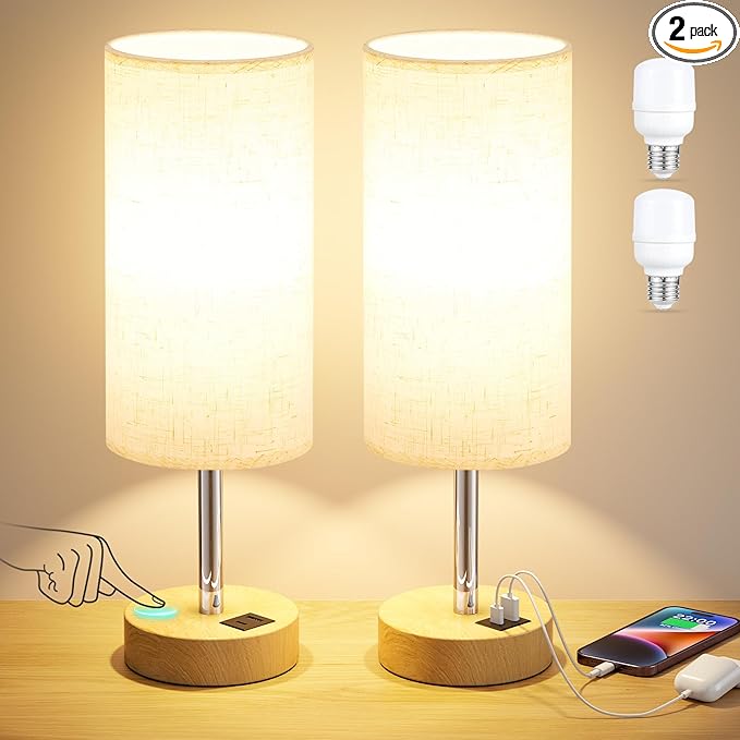 Touch Bedside Lamps Set of 2-3 Way Dimmable Table Lamps for Bedroom, Nightstand Lamp with Wooden Charging Station for Kids Room Dorm, Small Desk Lamp for Living Room, Office, Kids Room, Nursery