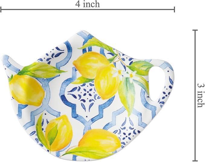 Supreme Housewares Lovely Lemon Tea Bag Holders, Teapot Shaped Tea Bag Coasters Spoon Rests Saucer Seasoning Dish Set, Blue and Yellow, 4 x 3 Inch, Set of 4