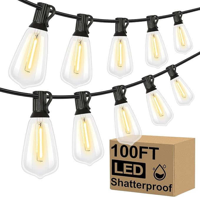 Brightever LED Outdoor String Lights 100FT Patio Lights with 52 Shatterproof ST38 Vintage Edison Bulbs, Outside Hanging Light Waterproof for Porch, Deck, Garden, Backyard, Balcony, 2700K Dimmable