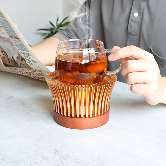 Tea Warmer with Magnolia Flower Design, JUKFITA Golden Aluminum Alloy & Wood Teapot Warmer, Tall