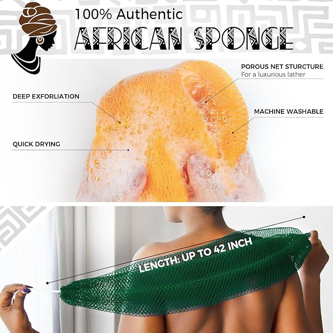 Real African Net Sponge - 2 Pieces Authentic African Wash Cloths for Showering - Exfoliating Body Sponges for Bathing Yellow & Forest - Back Scrub Exfoliator Scrubber for Body Bath Accessories