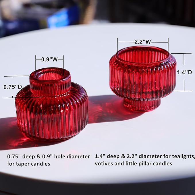 Woho Red Taper Candle Holders Set of 4 for Christmas Decorations, Reversible Ribbed Glass Candlestick Holders for Wedding Table, Vintage Candle Sticks Holder Decor for Valentines Day Decor