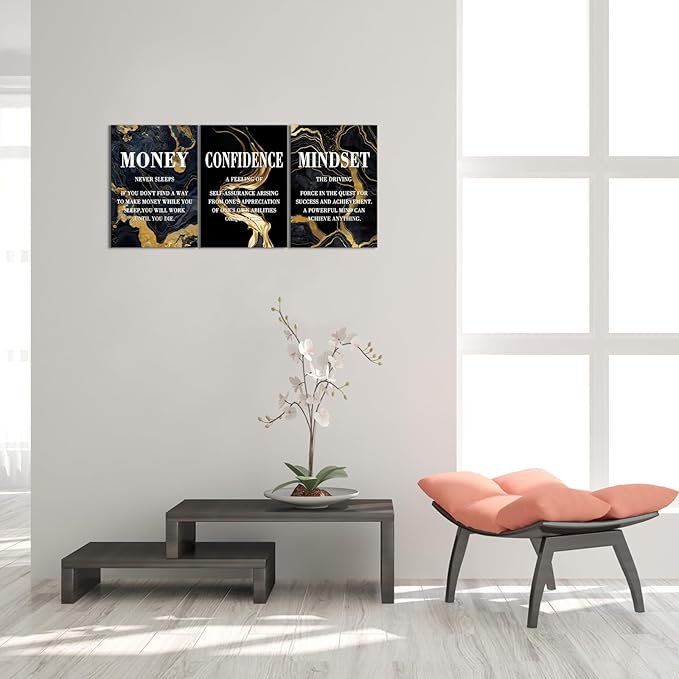 KAWAHONE- Money Never Sleeps, Motivational Canvas Wall Art,Inspirational Poster, Confidence Mindset Wall Decor Framed Inspirational Entrepreneurs Painting Prints Quotes Poster for Office Workplace Ready to Hang