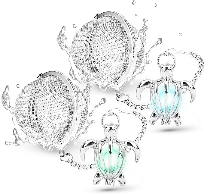2pcs Tea Infuser TeaSanavie Loose Leaf Tea Steeper Stainless Steel Tea Ball Mesh Tea Strainer Silver Glow In The Dark Turtle Pendant Tea Filter with Extended Chain Hook for Brew Fine Loose Tea Leave