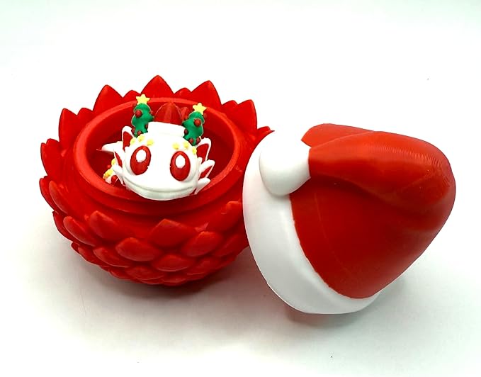 Fidget Toy Dragon Egg Santa Hat Container with Flexible Articulated Christmas Dragon, 3D Printed, Birthday Gift, Christmas Holiday Present, Stocking Stuffer, Easter Basket Filler
