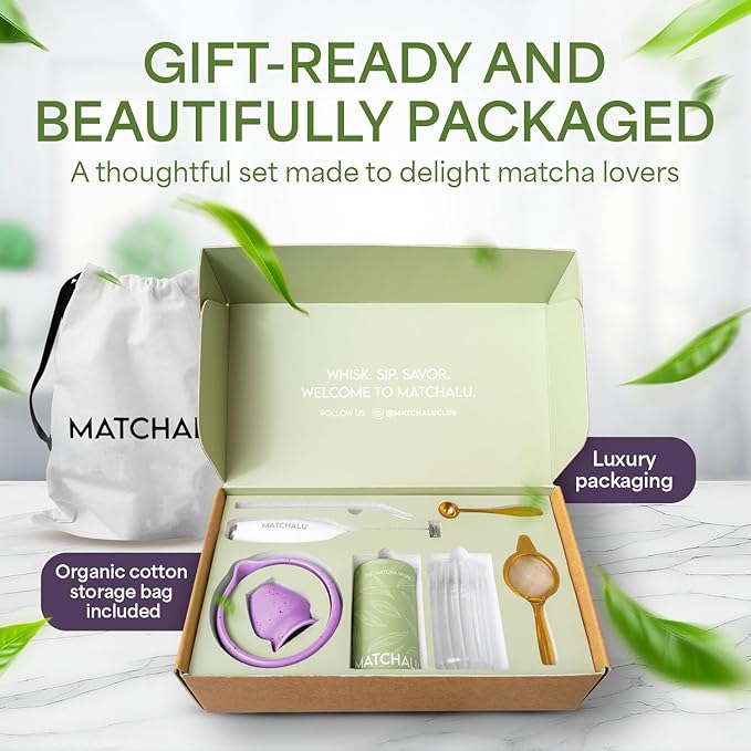 Matcha Whisk Set With Ceramic Matcha Bowl, Bamboo Whisk & Holder, Stainless Steel Spoon & Sifter, Glass Cup & Straw, Electric Frother, Storage Bag - Gift for Matcha Lovers (Premium 9-Piece Set Purple)