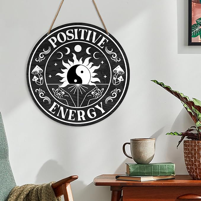 Positive Energy Wall Decor, Yin Yang Positive Energy Zen Wood Hanging Sign Decor, Inspirational Positive Energy Decorations for Home Office Zen Den Room, Positive Gifts for Women Men