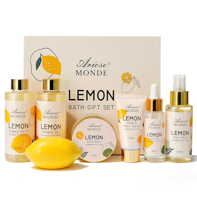 Lemon Scent Bath Spa Gift Box Set for Women - Shower Gel, Bubble Bath, Body Cream, Soap, Salt, Essential Oil