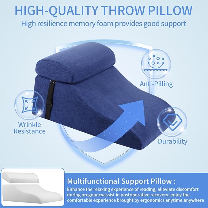 Reading Pillow for Bed Adult, Memory Foam Wedge Pillow Headboard with Adjustable Lumbar Support Backrest Cushion for Sitting in Bed/Resting/Bedrest, Couch or Floor, Blue