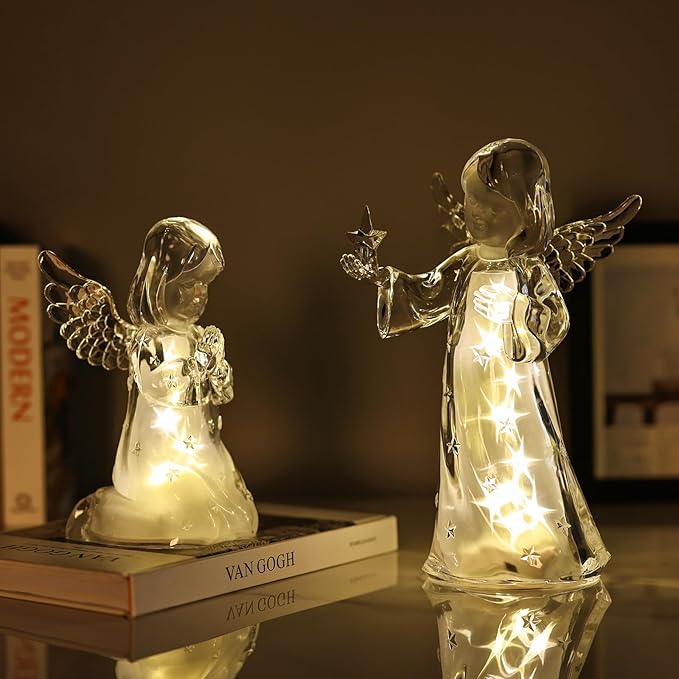 Acrylic Clear Guardian Angel Figurines with LED Light, Crystal Glass Finish Angel Statue, Large Christmas Angels Gifts for Women, Healing Angels Figurines Decorations(Star)