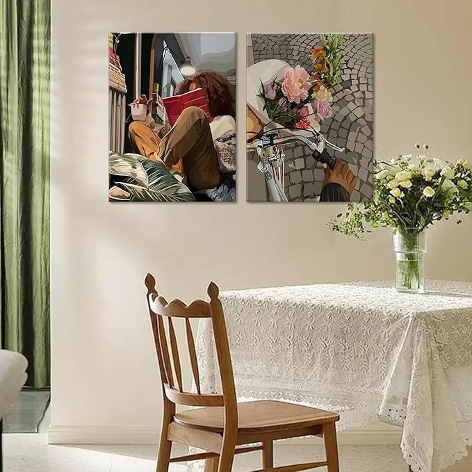 Modern African American Women Wall Art Set of 2,Cozy Reading & Bike Ride with Flowers Painting Canvas Prints,black woman Vintage Aesthetic Poster for Living Room, Bedroom, Office， Framed 12X16in