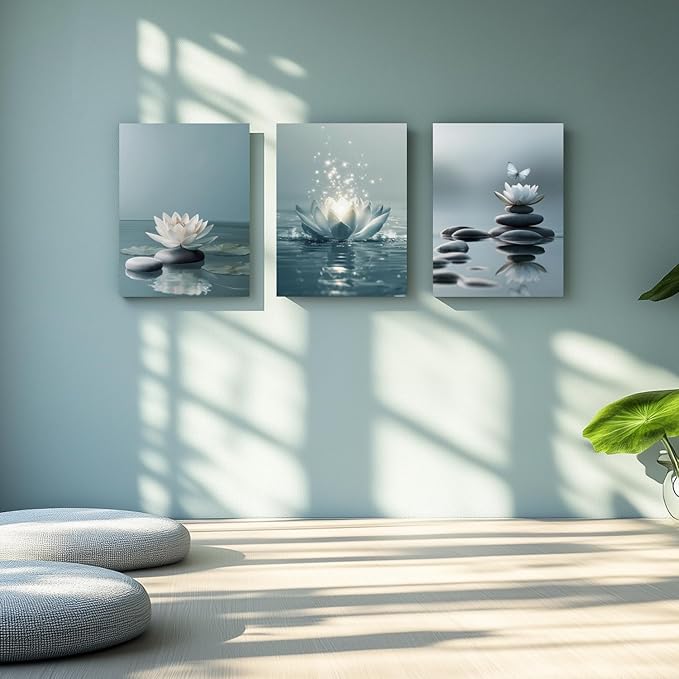 GELDSTEI Calm Zen Botanical Canvas Wall Art, White Lotus Blooming on Stones in Water Aesthetic Pictures, Yoga Spa Meditation Room Decor, Modern Spiritual Poster Prints for Zen Office Framed 12"x16"x3
