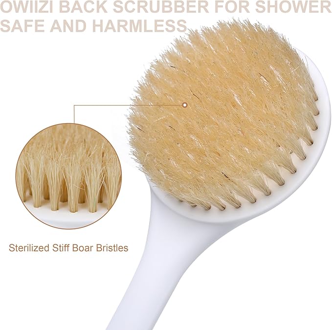 OWIIZI Back Scrubber for Shower with Natural Bristles Anti Slip Bath Brushes Long Handle Antiskid Shower Body Scrubber for Wet or Dry Exfoliating Back Scrub Deep Cleanse