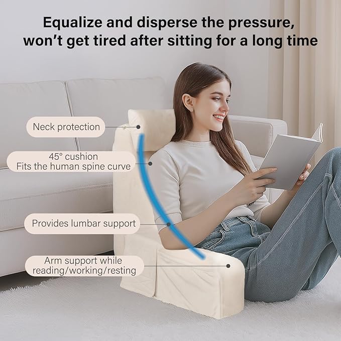 ENITYA 19" Back Pillow for Bed Sitting up, Big Pockets and Washable Removable Cover, Reading Chair for Watching TV/Reading/Gaming/Resting in Bed, Couch or Floor, Medium(Ivory)