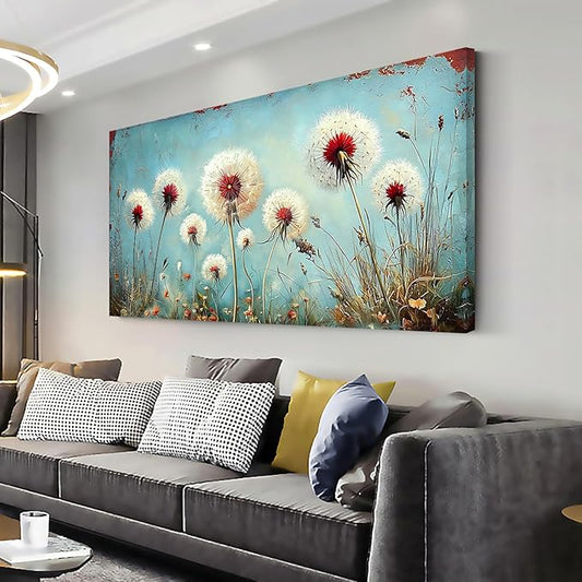 ZESTRILIA Dandelions Wall Art Retro Canvas Prints Modern Rustic Canvas Paintings Waterproof Artwork Landscape Picture for Country Farmhouse Living Room Bedroom Home Office Kitchen Décor (28x58inch)