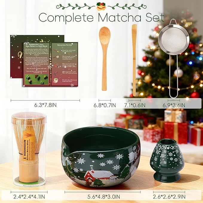 Christmas Gifts Matcha Whisk Set, Ceramic Matcha Set Includes Bowl & Holder, Bamboo Whisk (Chasen), Scoop, Spoon and Sifter, 6PCS Matcha Kit Covers Everything Needed for Making Matcha