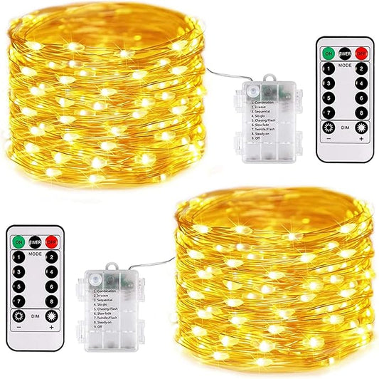 JMEXSUSS 2 Pack Fairy Lights Battery Operated with Remote, Total 200 LED 66ft Battery Powered Christmas Lights, 8 Modes Twinkle String Lights for Bedroom, Indoor Christmas Tree Decor, Warm White