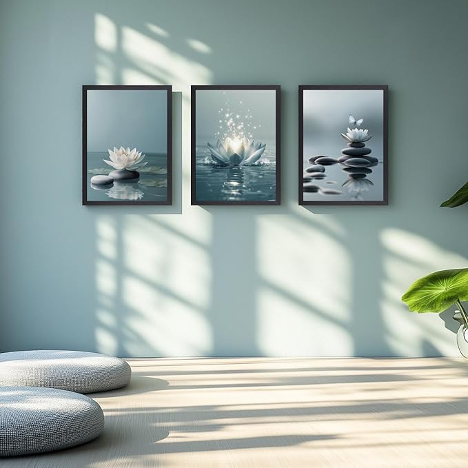 GELDSTEI Calm Zen Botanical Canvas Wall Art, White Lotus Blooming on Stones in Water Aesthetic Pictures, Yoga Spa Meditation Room Decor, Modern Spiritual Poster Prints for Zen Wood Framed 12"x16"x3
