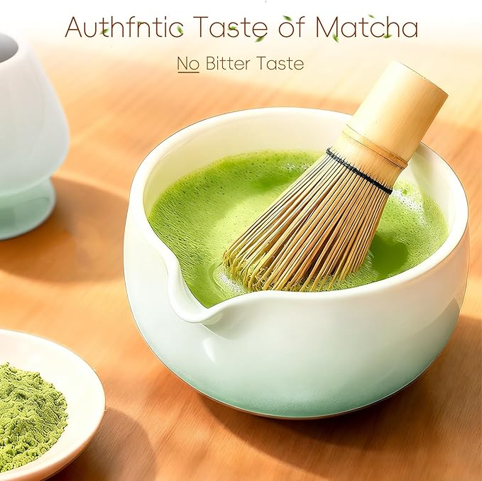Matcha Whisk Set, Ceramic Matcha Set Includes Bowl & Holder, Bamboo Whisk (Chasen), Scoop, Spoon and Sifter, 6PCS Matcha Kit Covers Everything Needed for Making Matcha (Green)