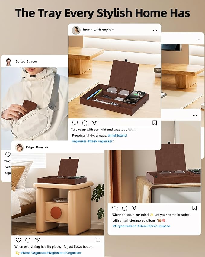 Valet Tray with Wireless Charger, Nightstand Organizer, Leather Desk Drawer Organizer Tray with 7 Compartments for Jewelries, Watch, Key, Wallet, Phone, Brown