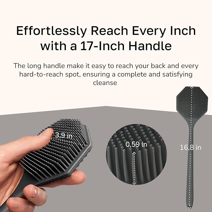 Silicone Back Scrubber with Long Handle - Octagon Body Brush for Shower, Bath, and Exfoliating - Skin Cleansing, Back Scrub and Gentle Silicone Sponge - Wash Your Body with Easy Reach - Gray