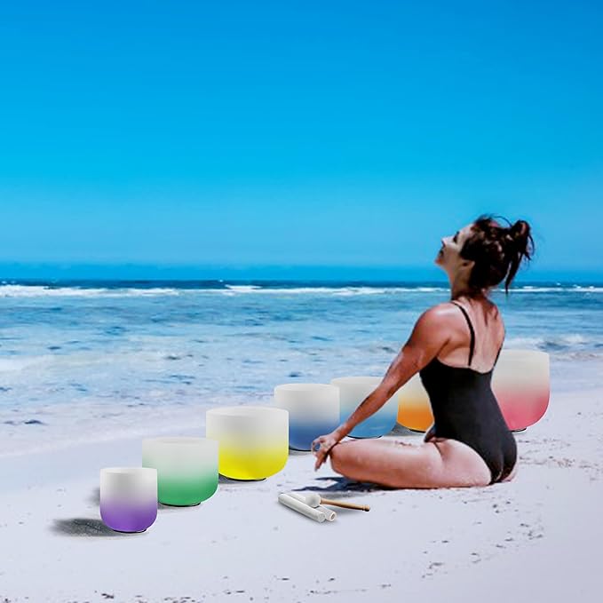 Ryan Dvan 432Hz 7"-12" Set of 7 Crystal Singing Bowl Set – Gradient Color Quartz Bowls for Chakra Healing, Meditation, Sound Bath & Yoga.Sound Therapy Tools with Suede Mallets & O-Rings.