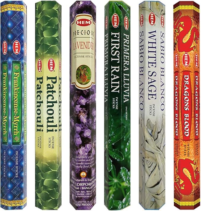 Hem Incense Sticks Variety Pack #23-120 Insence-Sticks (6 Incents x 20 Insense) + Incense Stick Holder with 6 Most Liked Scents Including Patchouli Dragons Blood White Sage Frankincense-Myrrh